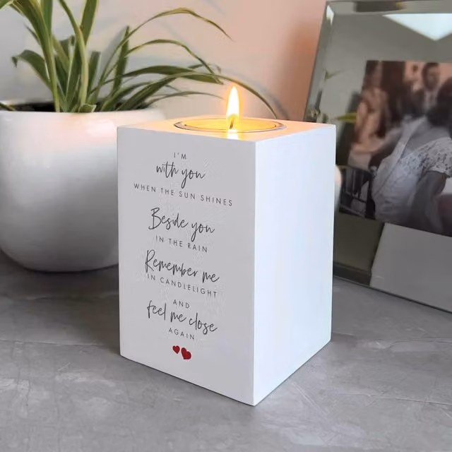White Wooden Memorial Tea Light Holder with Angels Wings and Feathers Design