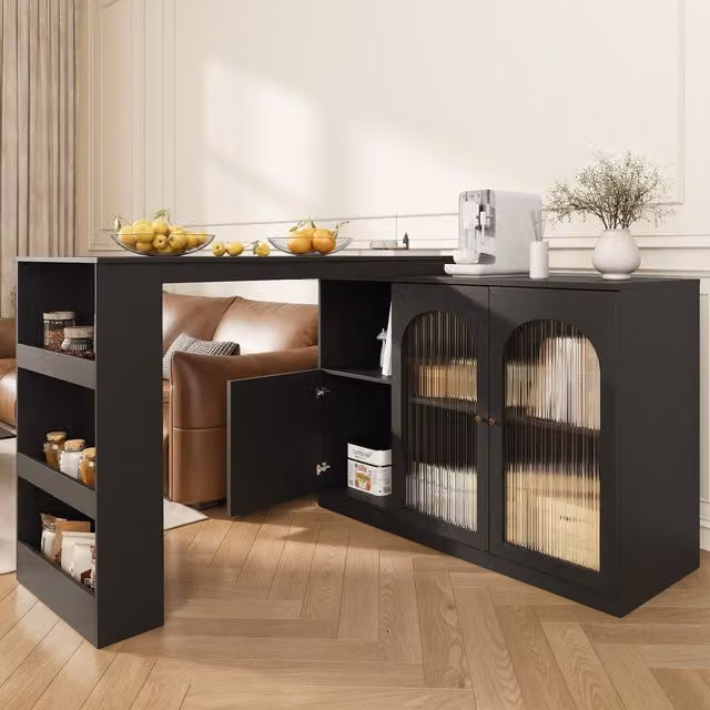 Aosom.UK Black 360 Rotating Kitchen Bar Table with Glass Doors and Versatile Storage, W/D/H: 120 x 120 x 97 cm