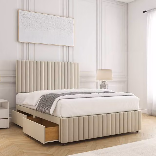 BSSPOKE Emma Double Divan Bed with 24 inch Headboard and 2 Drawers in Beige Plush Velvet, W/D/H: 140 x 200 cm