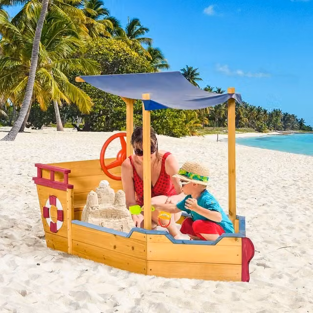 Outsunny Kids Sand Boat Sandbox with Canopy and Storage Bench, Orange
