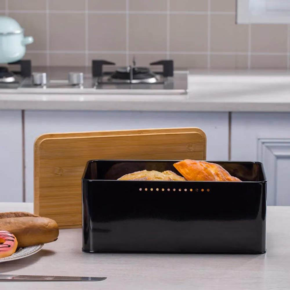 Living and Home Metal Bread Box in Black with Reversible Bamboo Lid and Ventilation – 3