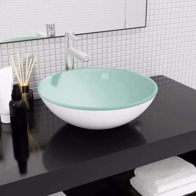 Berkfield White Round Tempered Glass Countertop Basin W: 42 cm, D: 14 cm, H: 14 cm – 1