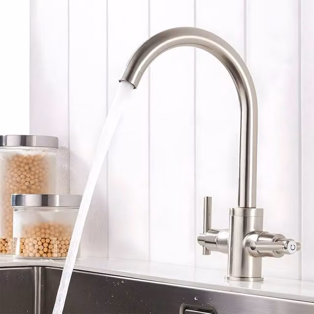 Heable Brushed Nickel Dual-Lever Ceramic Disc Kitchen Mixer Tap in Silver