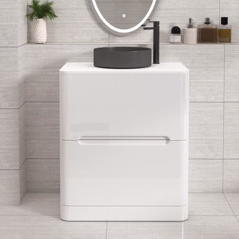 Royal Bathrooms Venice 700mm Gloss White Floor Standing Vanity Unit with 2 Drawers, Plain White Worktop and Art Deco Round Basin