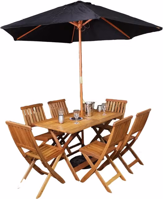 Samuel Alexander 6 Person Folding Rectangular Wooden Patio Dining Table Set with Black Parasol in Brown