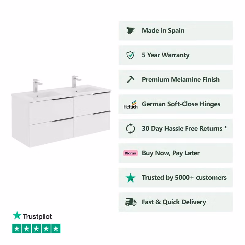 Banyetti Celtic Wall Hung Bathroom Vanity Unit with Lira Basin, Gloss White, W: 120 cm, D: 45 cm, H: 48 cm – 2