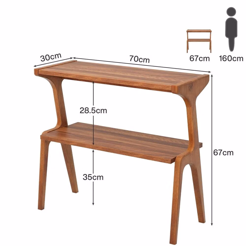 VOGREX Modern 2-Tier Solid Rubberwood End Table in Brown, W: 30.0 cm, D: 30.0 cm, H: 67.0 cm – 2