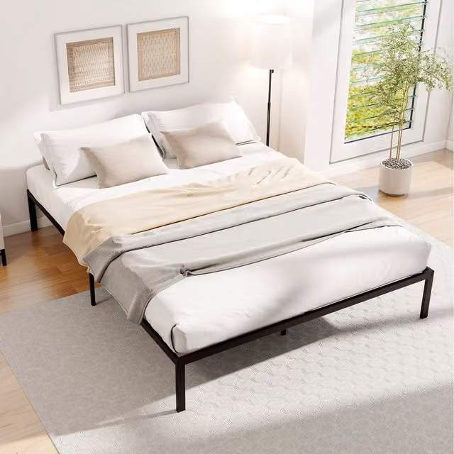COSTWAY Modern Metal Slat Bed Frame in Matt Black