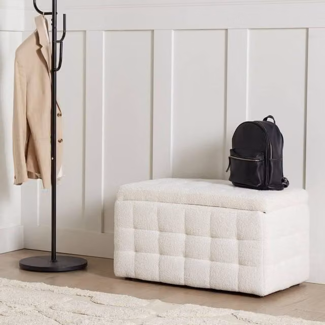 Wyld and Coco White Bouclé Tufted Storage Ottoman Bench – 1