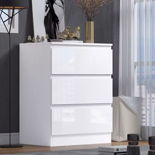 FWStyle Stora Modern 3 Drawer Chest of Drawers in White Gloss, H 77 x W 60 x D 40 cm – 1