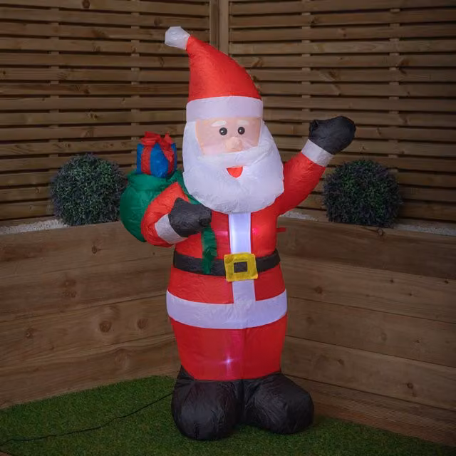 Snowtime Inflatable LED Outdoor Christmas Standing Santa with Gift in Sack, Multicolour, Height: 120 cm – 1