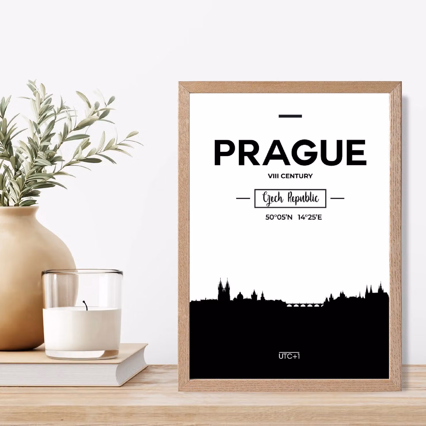 ARTZE Prague Black and White City Skyline Framed Print with Oak Frame – 2