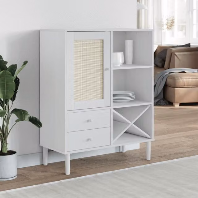 Berkfield Home Senja Highboard in White Rattan Look Solid Wood Pine, W/D/H: 90 x 40 x 112 cm – 1
