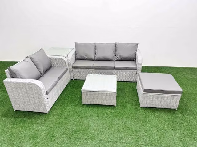 Fimous 6 Seater Grey PE Rattan Wicker Garden Furniture Set with Square Coffee Table, 3 Seater Sofa, Love Seat, Big Footstool and Side Table
