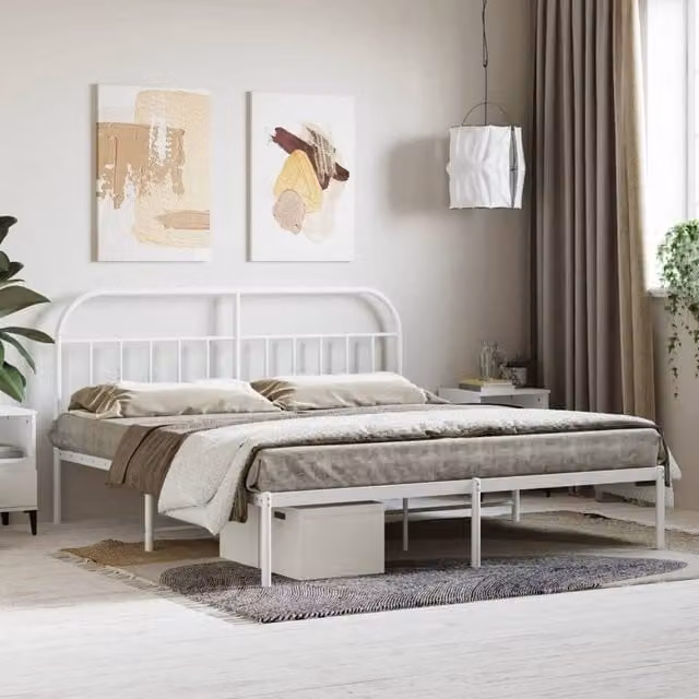 Berkfield Home Metal Bed Frame with Headboard in White, W/D/H: 180 x 200 cm