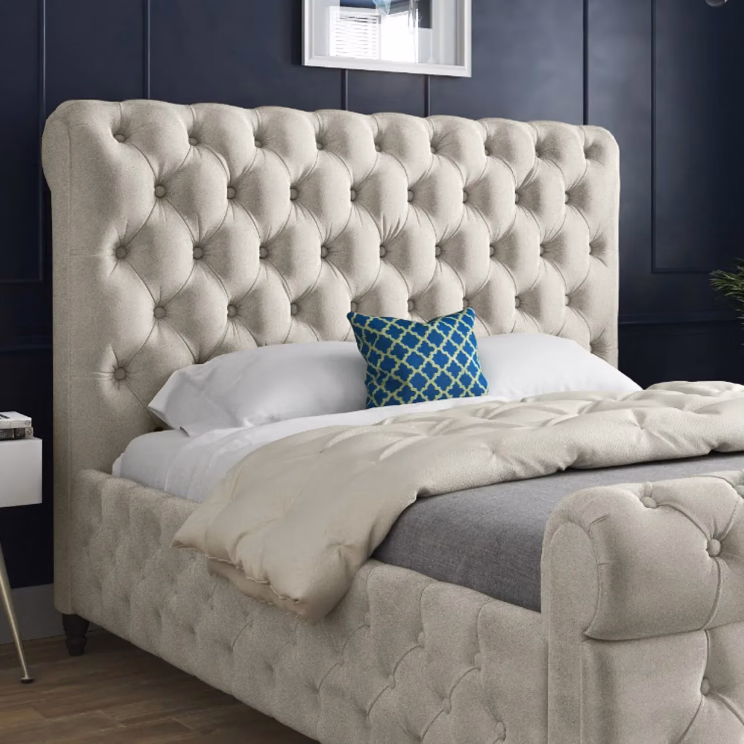 KDMD Nestling Sleigh Upholstered Soft Velvet Designer Bed Frame in Cream, Super King, W/D/H: 200 x 189 x 119 cm – 3