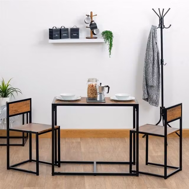 Harbour Housewares Modern 2 Seater Compact Dining Set in Brown Wood and Metal