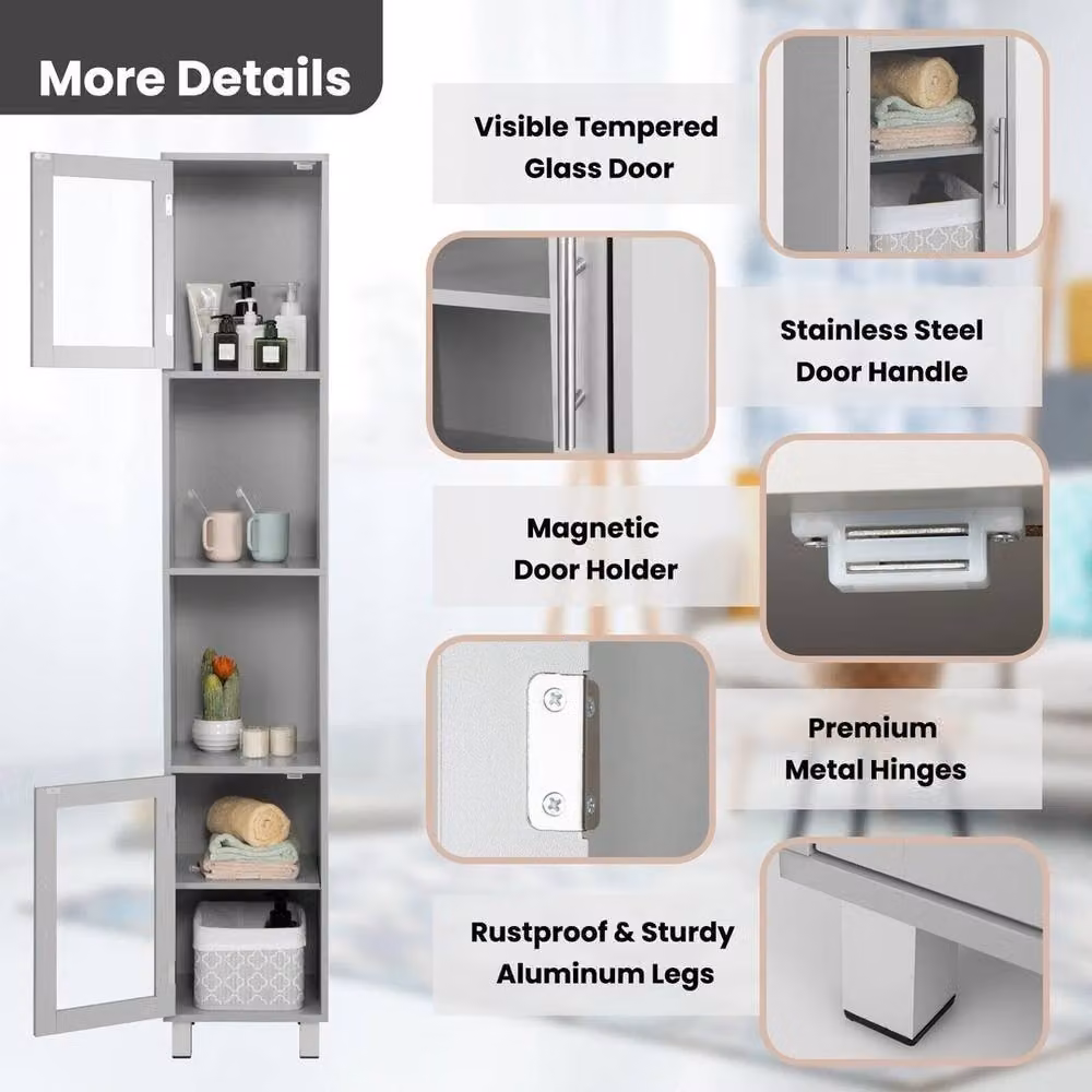 NESTLUNE Slim Freestanding Storage Organizer Cupboard in Grey with Glass Doors, H 180 x W 15 x D 15 cm – 3