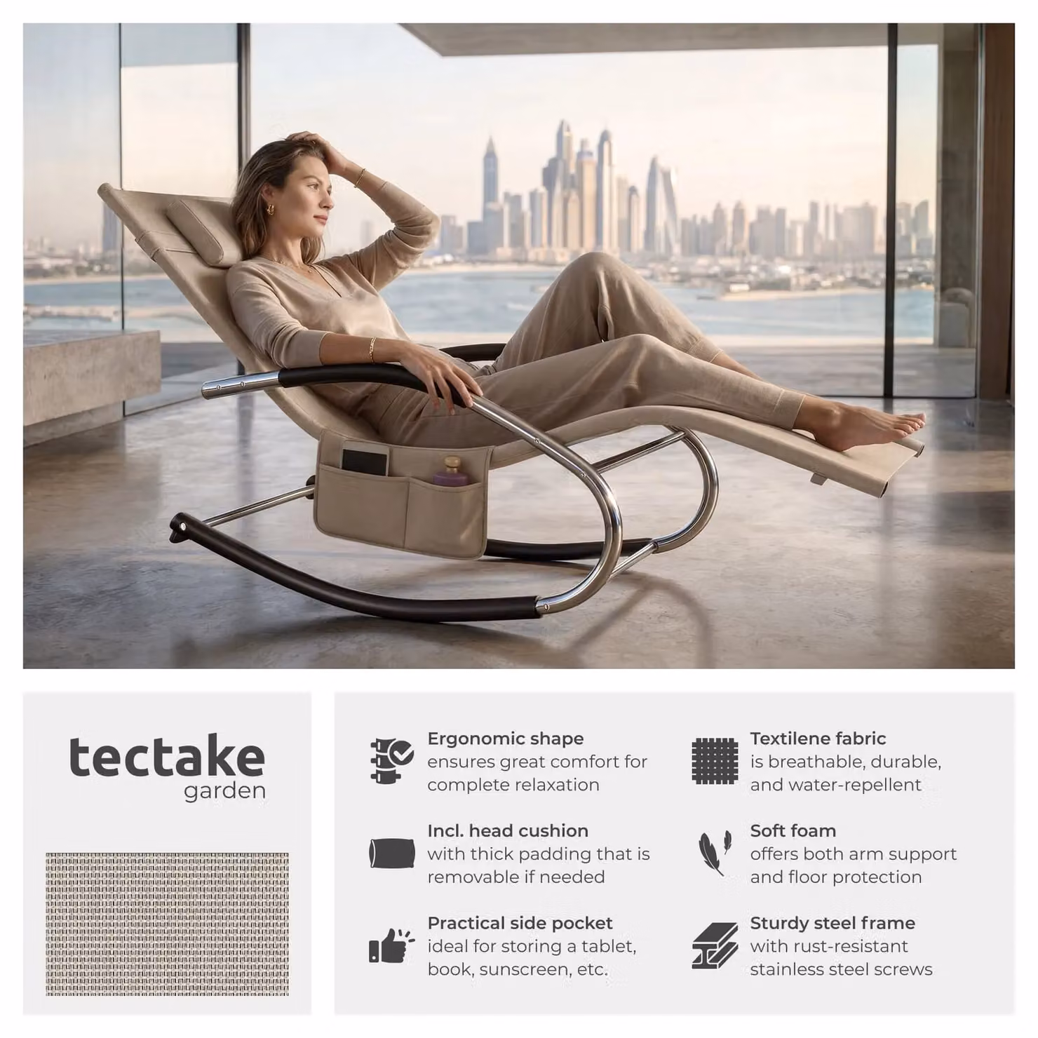 tectake Taya Sun Lounger in Beige with Steel and Textilene Frame – 2