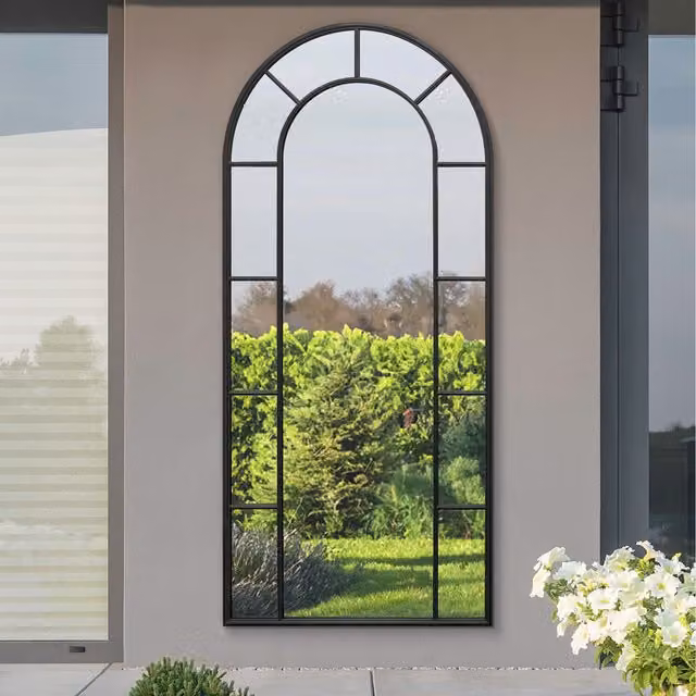 MirrorOutlet Arcus Window Framed Arch Leaner Garden Wall Mirror, Black, Height: 190 cm