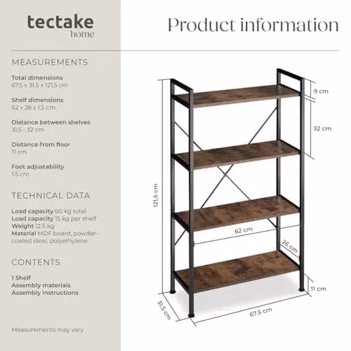 tectake 4-Tier Shelving Unit with Adjustable Wood-Look Shelves and Steel Frame in Dark Wood and Black, W/D/H: 121.5 x 15.0 x 67.5 cm – 3