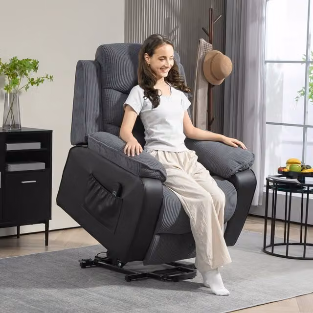 HOMCOM Power Lift Recliner Chair for Seniors in Dark Grey Fabric with Patchwork Design