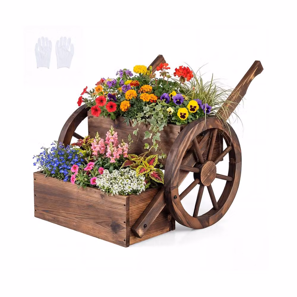 Costway 2-Tier Rustic Wood Wagon Planter and Raised Garden Bed with Wheels in Brown – 2