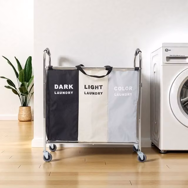 Livingandhome 3-Section Rolling Laundry Basket with Metal Frame and Handles, Black and Multicolour