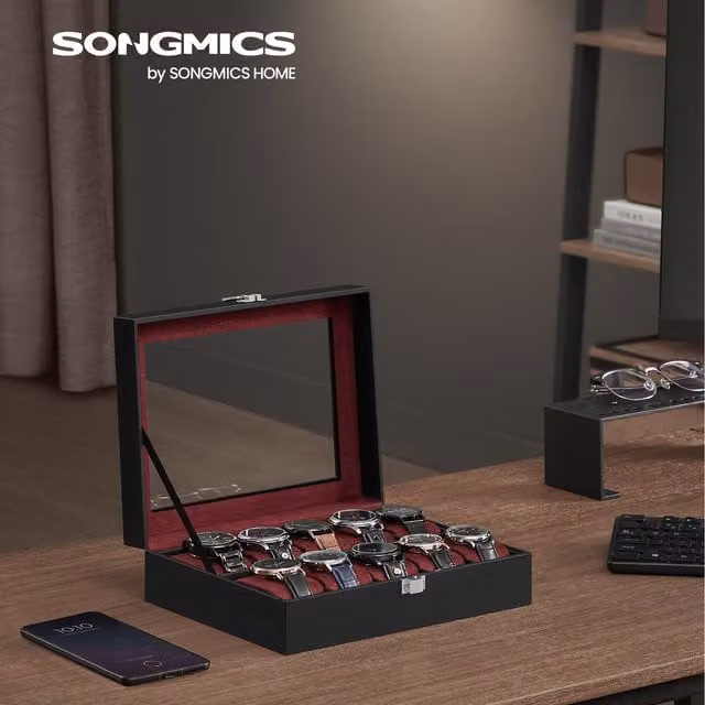 SONGMICS 10-Slot Watch Organiser Box with Glass Lid, Black