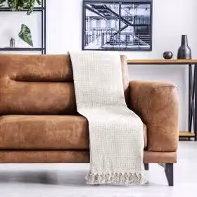 Emma Barclay Waffle Pique Cotton Throw in Beige with Fringes, W/D/H: 178 x 254 cm – 2