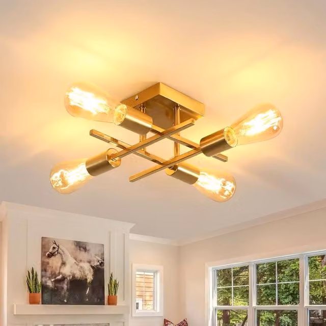 COMELY Industrial 4-Light Metal Ceiling Light in Gold/Brass with E27 Sockets