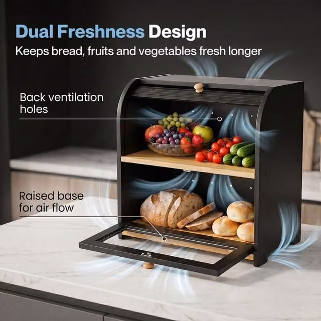 Toque 2-Tier Large Capacity Black Bamboo and Acrylic Roll Top Bread Box with Ventilated Door - Black