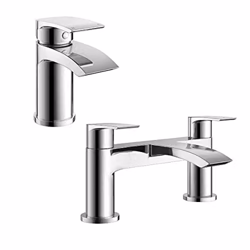Nes Home Libra Waterfall Basin Mono Tap, Bath Filler Mixer Tap and Pop Up Waste Set in Chrome