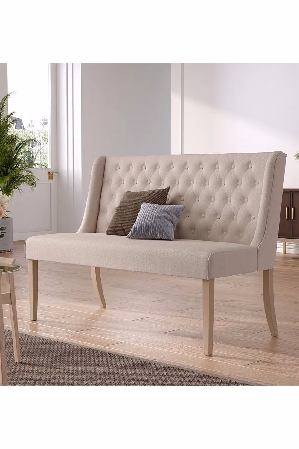 Livingandhome Beige Upholstered Tufted Dining Bench, Width: 138 cm – 3