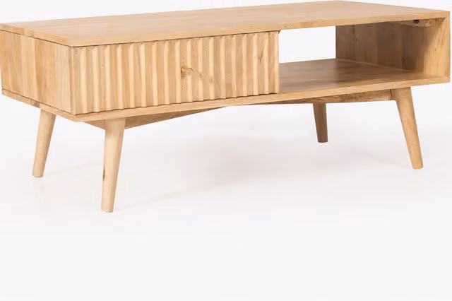 Rotterdam Mid-Century Rectangular Coffee Table in Mango Wood and Glass, Brown and Yellow