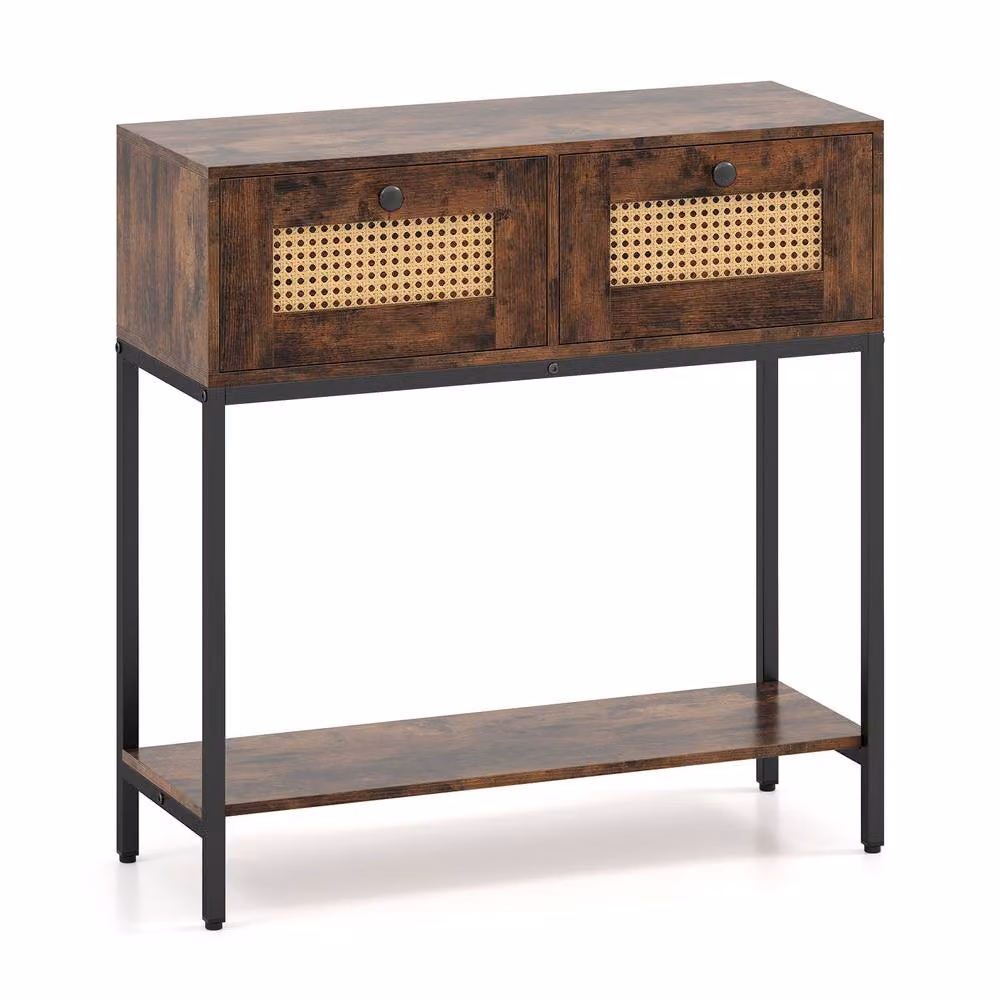 Costway Boho Modern Wooden Console Table with 2 Drawers, Brown – 7