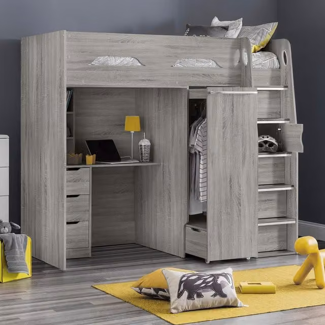 Julian Bowen Pegasus Single High Sleeper Bed Frame in Grey Oak with Stairs and Drawers