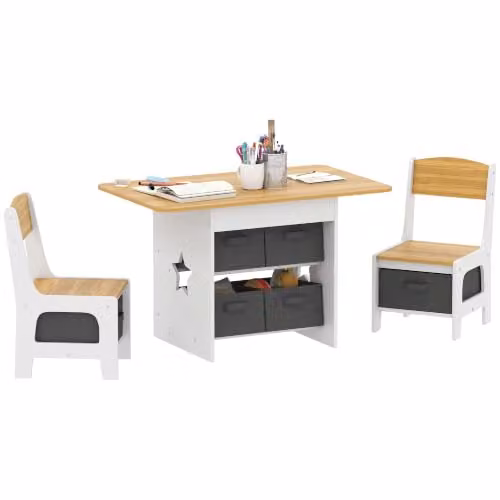 AIYAPLAY Kids Table and Chair Set in Brown and White with 6 Removable Drawers – 1