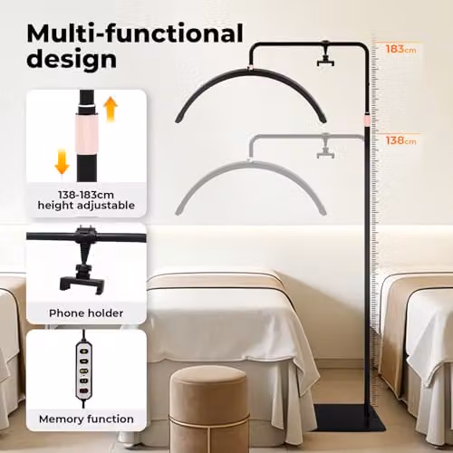 Emitto Black LED Half Moon Floor Lamp with Dimmable CCT, 360 Degree Rotation and Phone Holder for Lash Extensions, Tattoos and Beauty Salons – 6