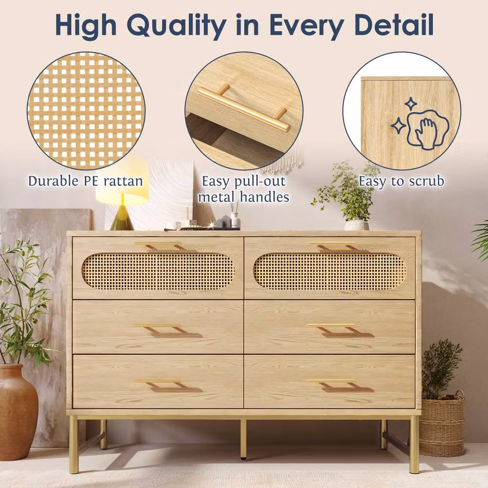 Merax Oak Rattan Chest of Drawers with Six Drawers in Natural Beige – 3