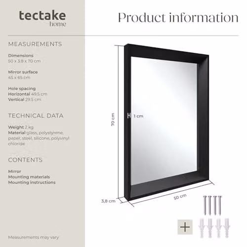 tectake Minimalist Rectangular Wall Mirror in Black, W/H: 50 x 70 cm – 6