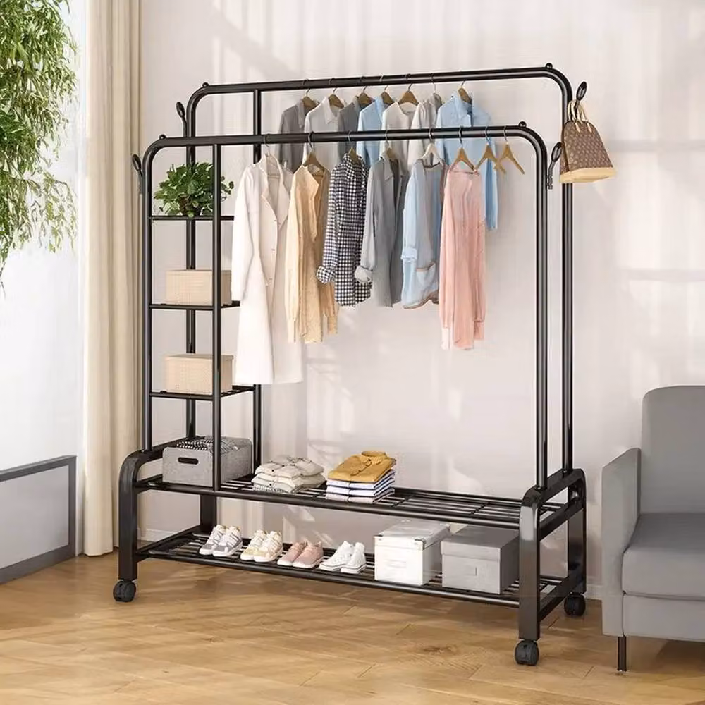 KORVIXA Heavy Duty Double Clothes Hanging Rail in Black Metal – 5