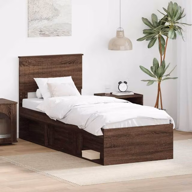 Berkfield Home Modern Bed Frame with Headboard in Brown Oak and Solid Pine Wood, W: 75 cm, L: 190 cm – 1