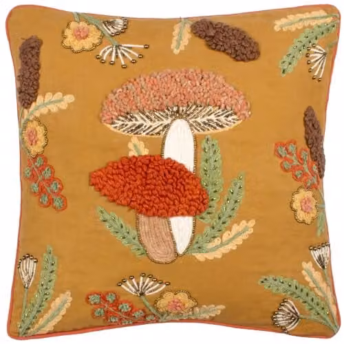 Wylder Mushroom Dell Embroidered Cotton Cushion in Autumn Gold, W/D/H: 45 x 45 x 45 cm – 1