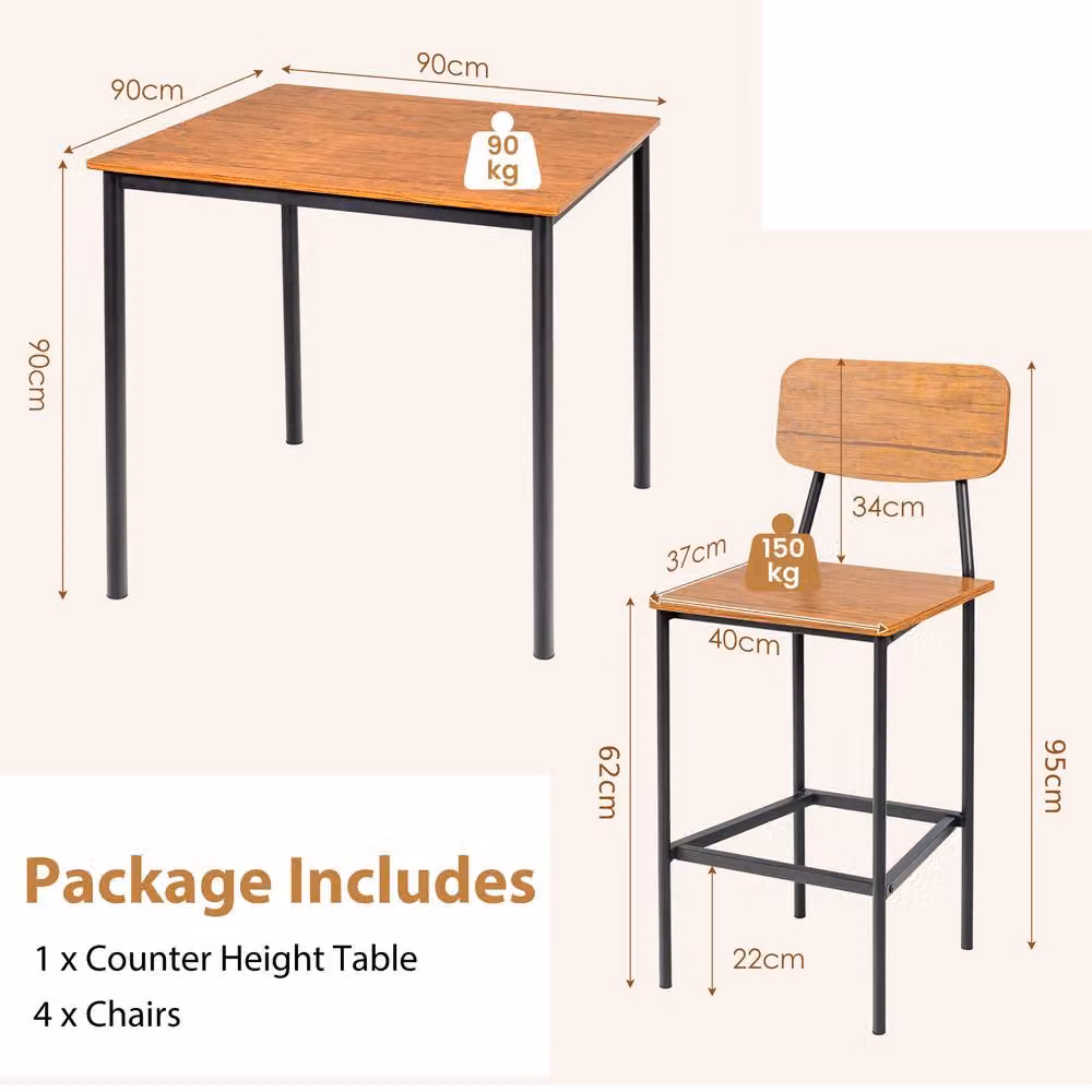 Gymax Industrial Dining Table Set with 4 Bar Stools in Brown – 2