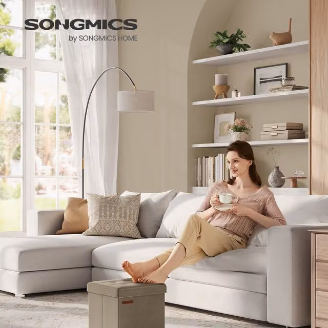 SONGMICS Foldable Fabric Storage Ottoman Footstool in Brown