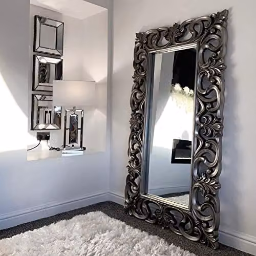 Melody Maison Large Baroque-style Silver Rectangular Wall/Floor Mirror W/H: 90 x 168 cm – 3