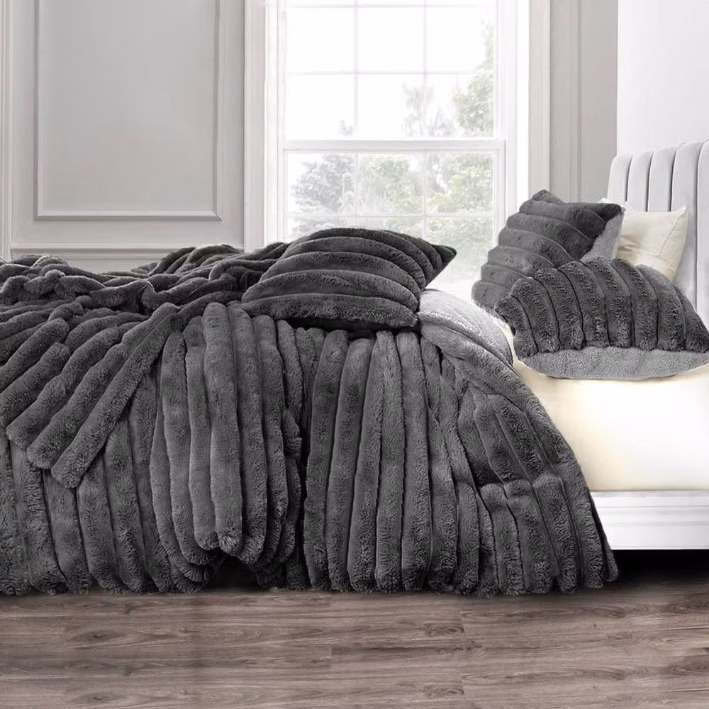 Velosso Jumbo Cord Faux Fur Duvet Cover and Pillowcase Set in Charcoal Grey, Single, W: 90 cm, L: 200 cm – 4