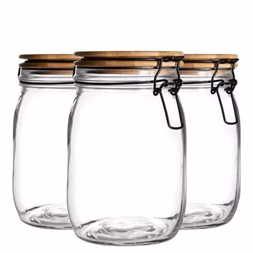Argon Tableware Glass Storage Jars with Airtight Wooden Clip Lids, 1 Litre, Pack of 3, Black and Transparent