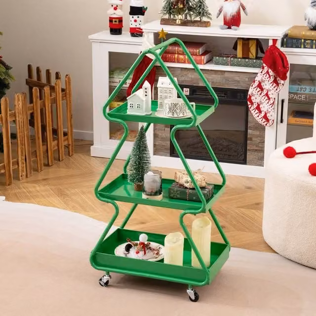 Costway 3-Tier Rolling Christmas Tree Storage Cart with Topper Star in Green
